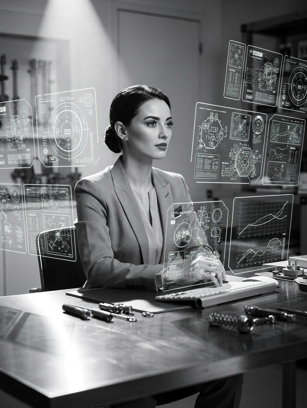 Black and white portrait of Elena Vance, Technical Consultant