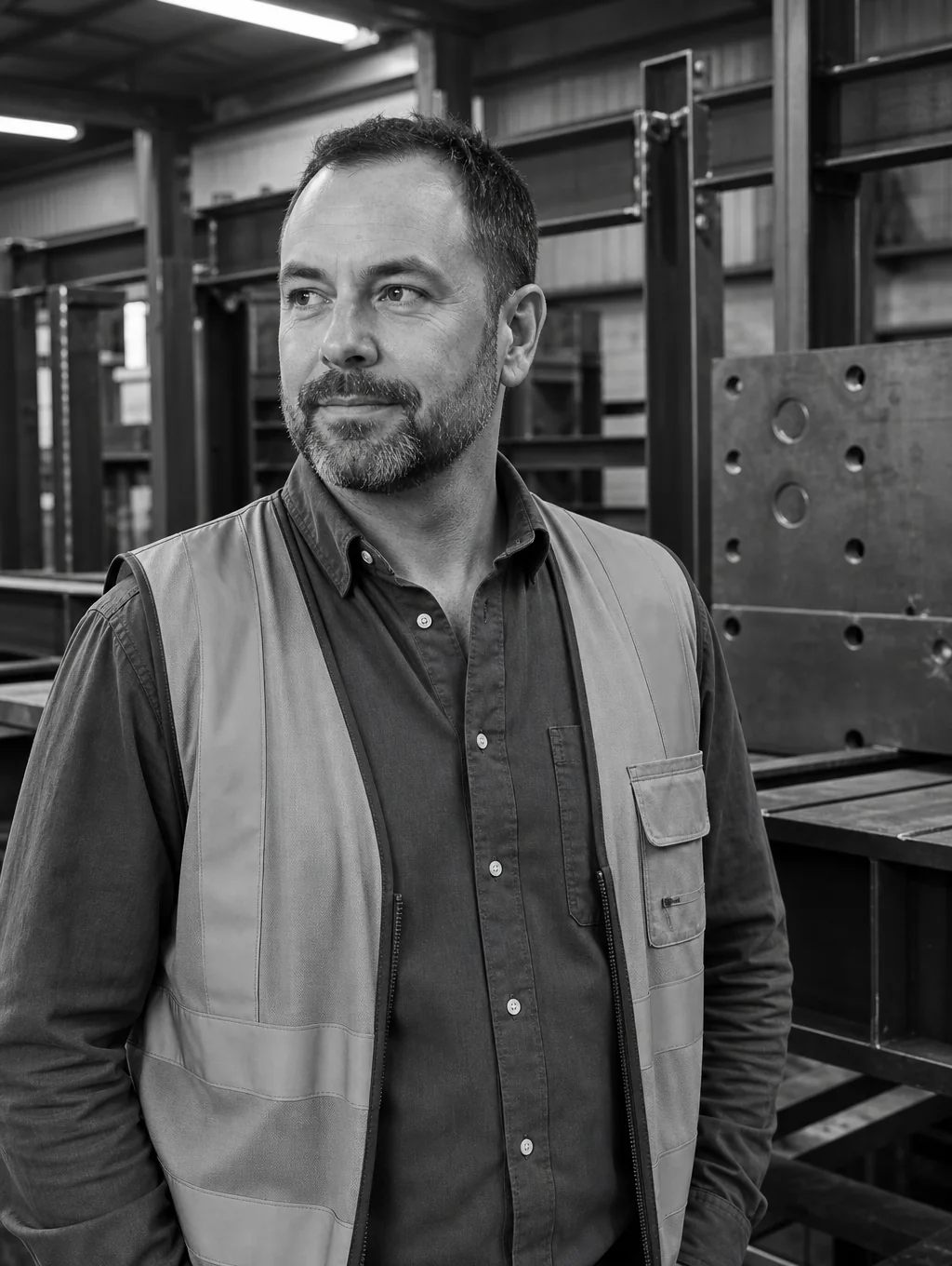 Black and white portrait of Marcus Thorne, Lead Field Engineer